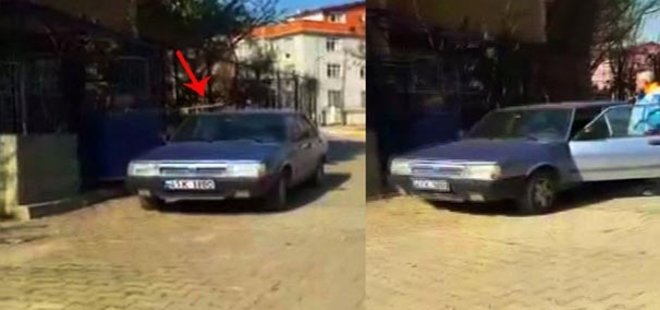 EVİNİN GİRİŞİNE ÇEKİLEN ARACA SOPAYLA SALDIRDI